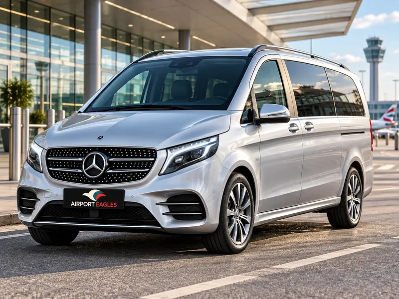Brighton Airport Taxi – Silver Mercedes V-Class Silver Mercedes V-Class outside an airport terminal with an Airport Eagles branded number plate