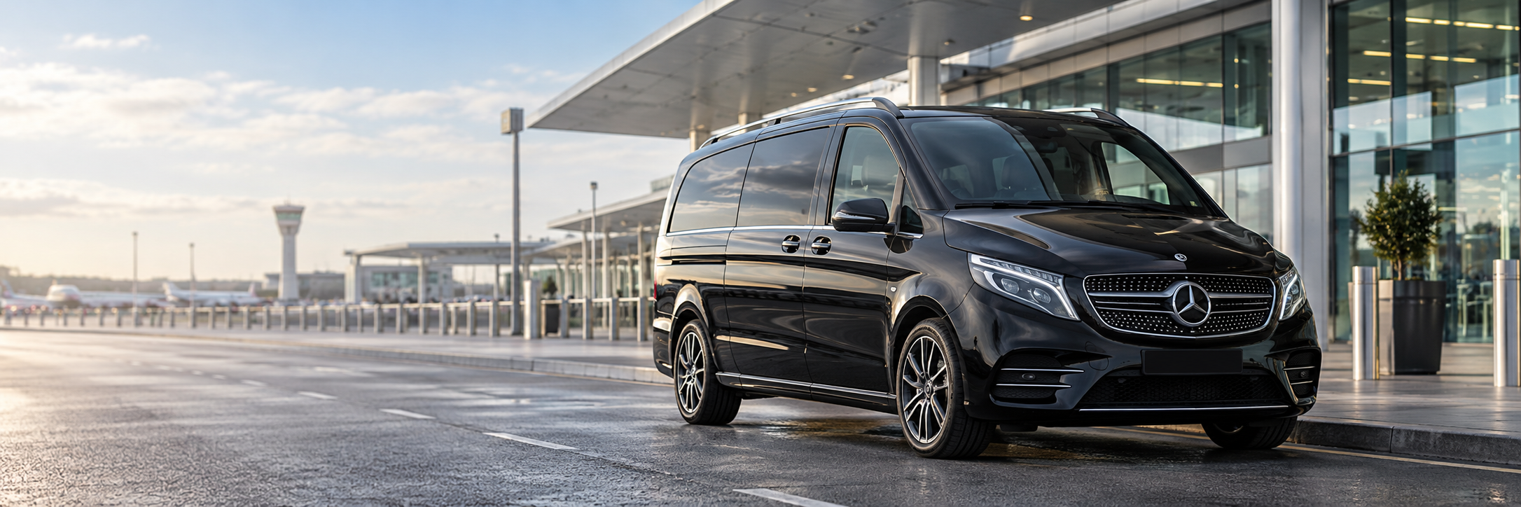 Silver Mercedes V-Class outside a modern airport terminal