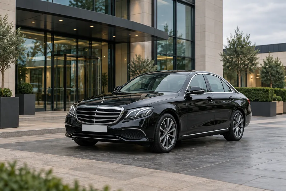 Black Mercedes executive saloon outside a modern office building