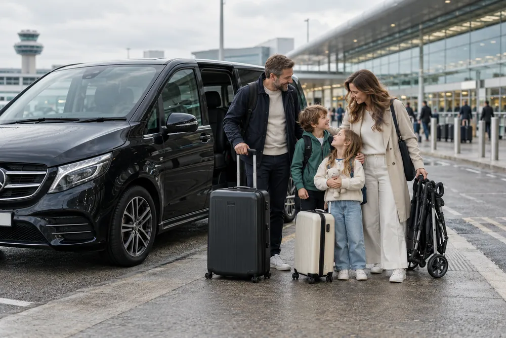 Family with suitcases and a folded pushchair beside a black Mercedes van at an airport terminal