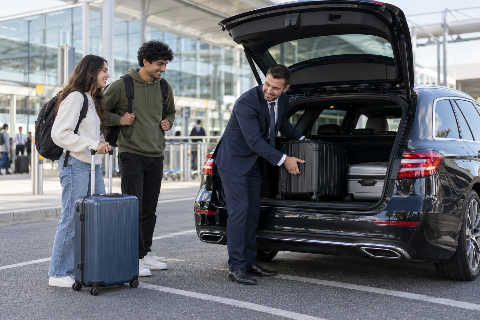 Driver loading luggage into a black estate car beside two students at an airport